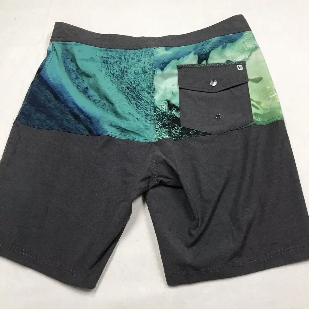 LINKSOUL Swim Board Trunks Men 34 Gray Green Blue Print Unlined Drawstring